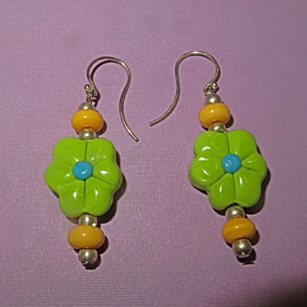 Lampwork green flowers with blue center yellow spacer earrings Hand Made USA
